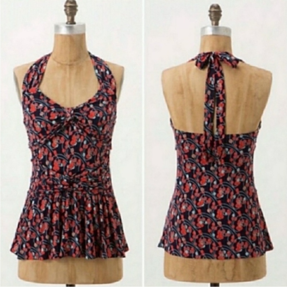 Anthropologie Rio Rac Abstract Cherry Print Peplum Halter Top Size L